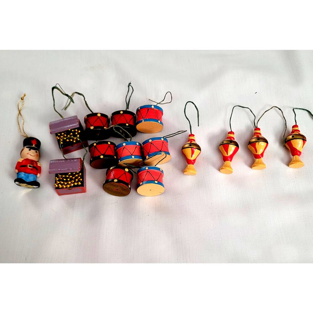 Miniature Wooden Hand Painted Christmas Ornaments Drums Treasure Chests Lanterns